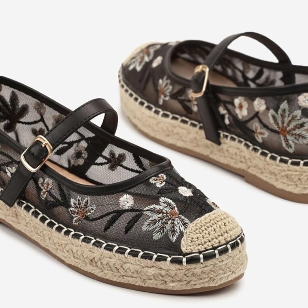 Women Mary Jane Espadrilles Embroidered Mesh Woven Outsole Ballet Flats size 9 - Picture 2 of 6